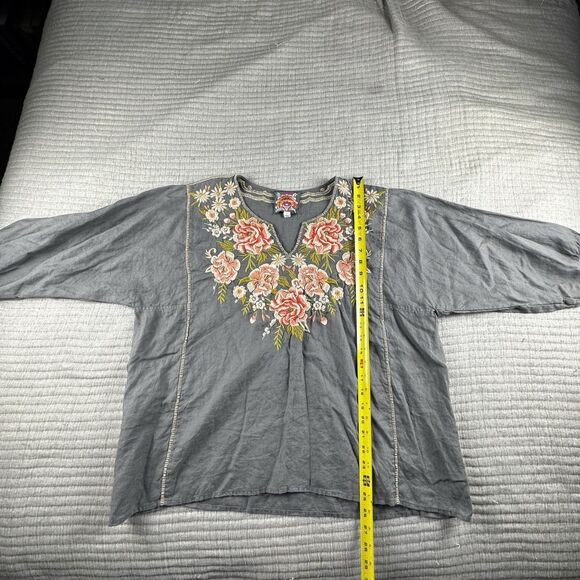 Johnny Was Embroidered Linen Top Women L Gray Floral Tunic Long Sleeve Boho - Picture 2 of 8